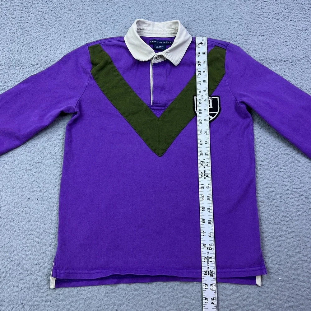 Ralph‎ Lauren Rugby Shirt Youth M Shirt Long Sleeve Purple V Stripe Patch Logo
